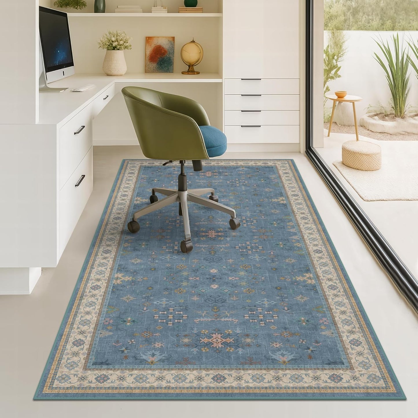 Skiennix Washable 4x6 Area Rug - Stain Resistant Non-Slip Rubber Backing | Unique Floral Design in Light Blue & Aqua