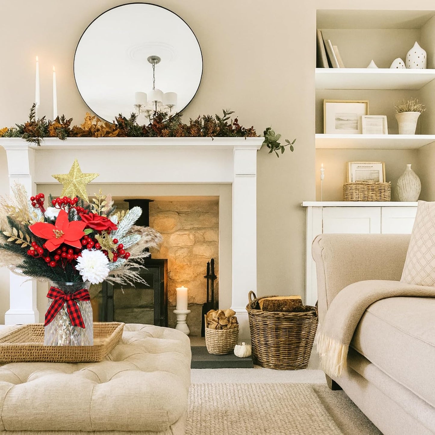 RyddeligHome Christmas Centerpieces - 100pcs Holiday Floral Arrangements for Tables | Red Poinsettia & Pine Decor