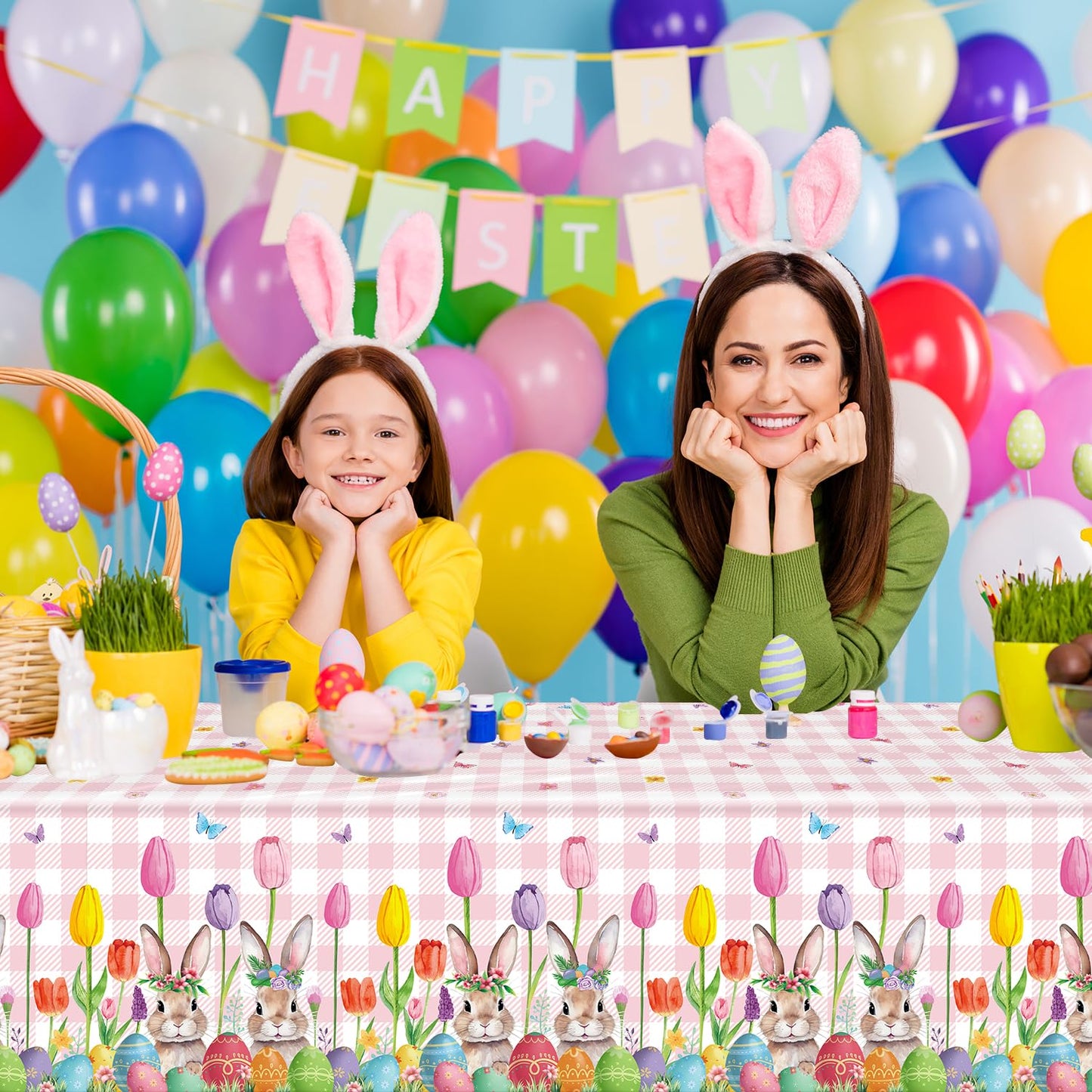 TJYJOY 4 Pack Easter Tablecloth Spring Tulip Buffalo Bunny Table Cloth Disposable Rectangle Table Covers Easter Decorations for Picnic Spring Birthday Party Supplies 51 x 86in
