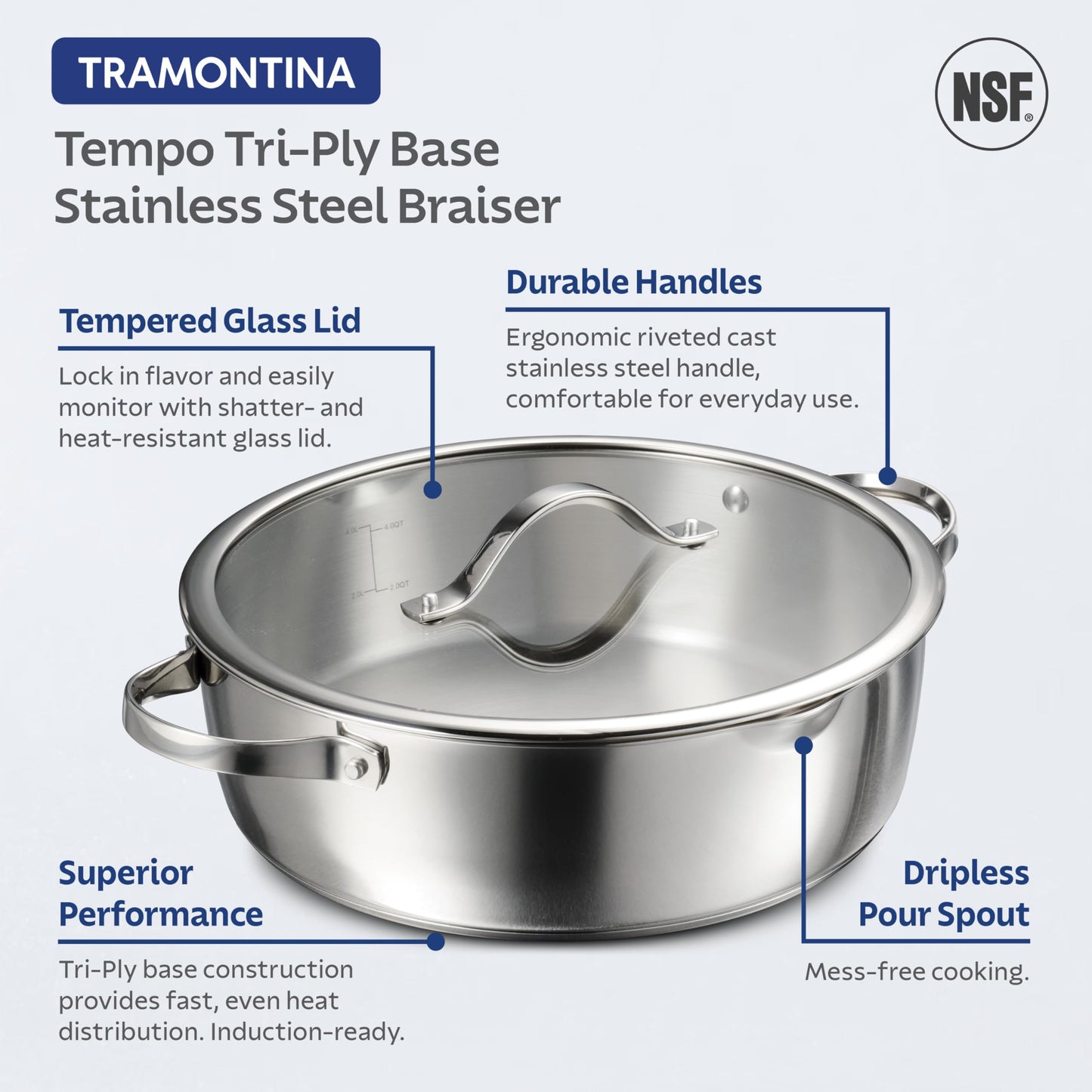 Tramontina Tempo Tri-Ply Base Stainless Steel 5-Quart Dutch Oven Pot with Glass Lid, Induction-Ready, Oven-Safe, Dishwasher-Safe