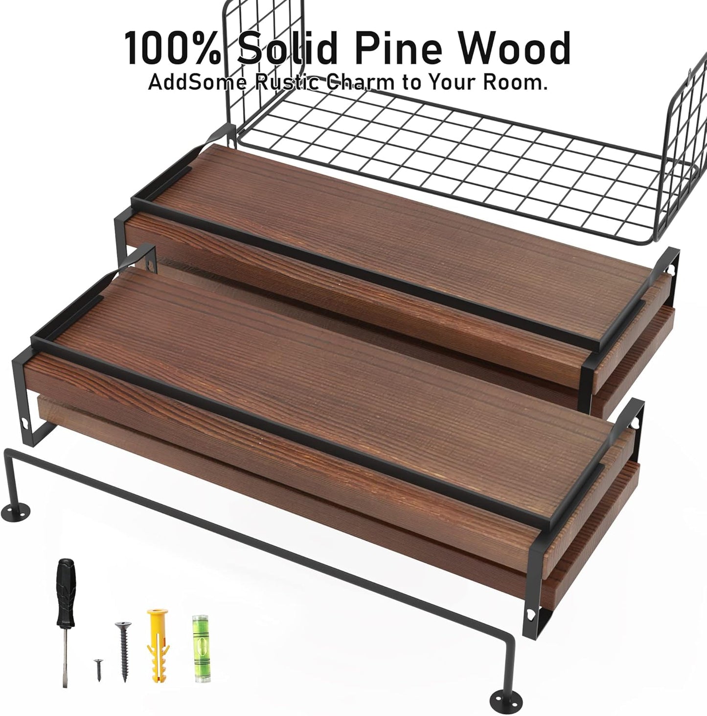 Wood Floating Shelves - Rustic 4-Tier Wall-Mounted Bathroom Shelves with Wire Basket & Towel Bar