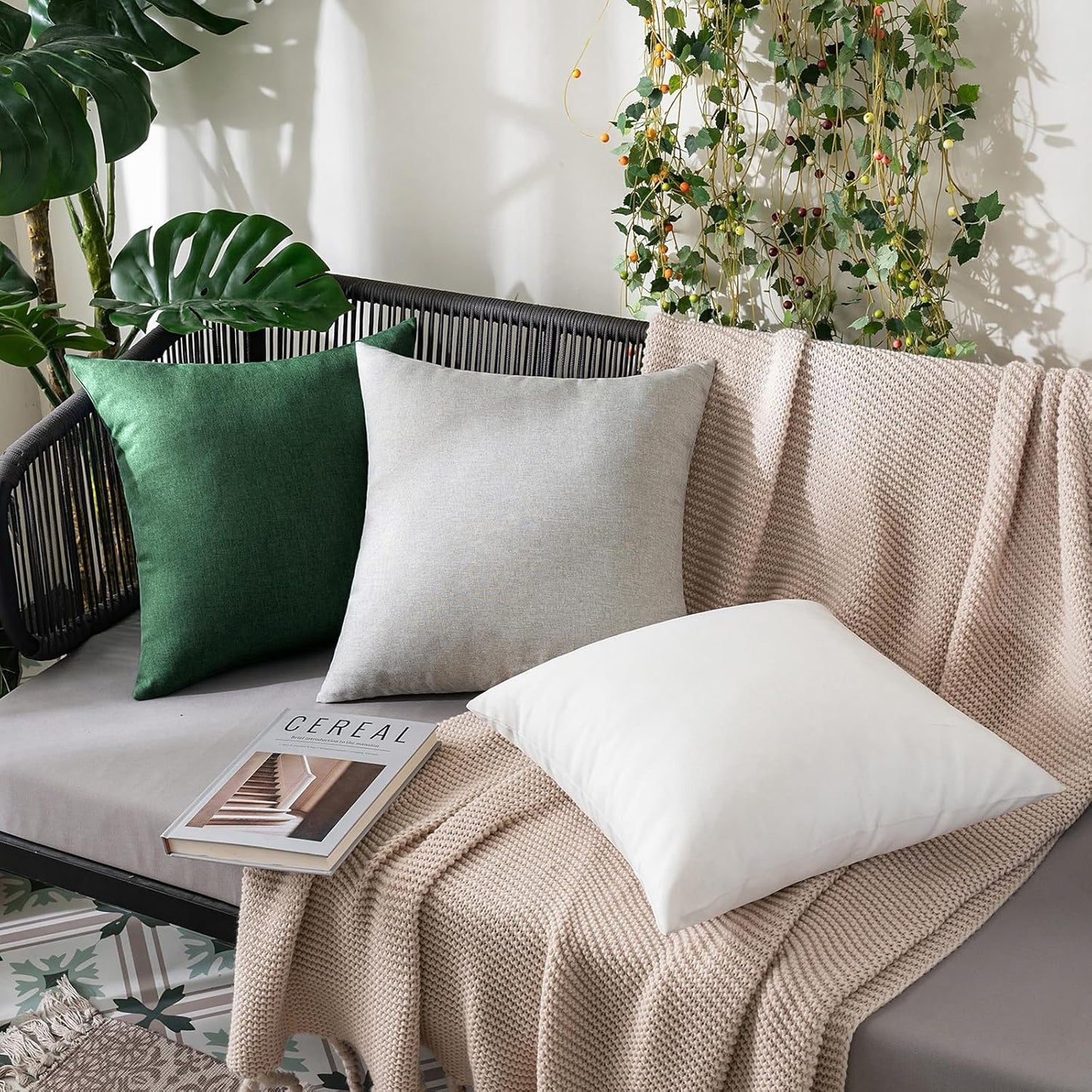 MIULEE Decorative Outdoor Throw Pillow Covers - Waterproof Faux Linen Cushion Cases | 20x20 Inch Emerald Green (Pack of 2)