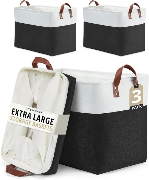 DECOMOMO Extra Large Fabric Storage Baskets - Stylish Organizing Bins with Handles | Black & White, Set of 3