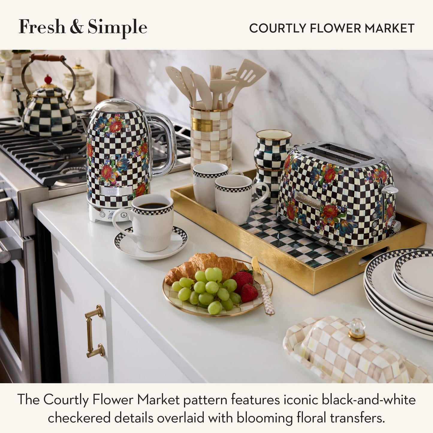 MACKENZIE-CHILDS Electric Kettle, Stainless-Steel Tea Kettle, Black-and-White Courtly Flower Market