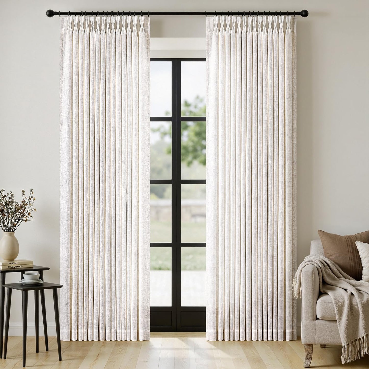MIULEE Pinch Pleated Linen Curtains - 90-Inch Light Filtering Drapes in Natural Ivory Cream | 2 Panels