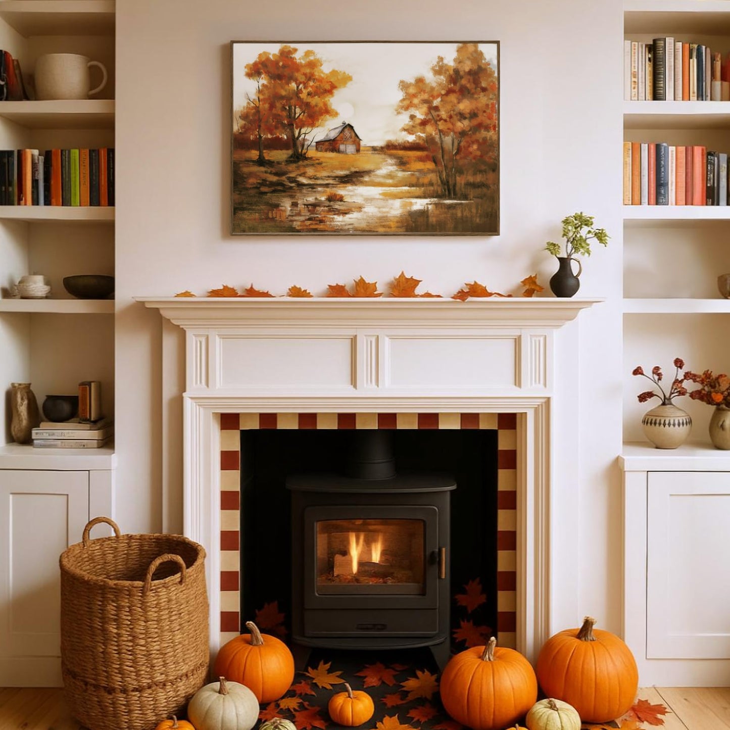 ArtbyHannah Framed Thanksgiving Canvas Wall Decor, Fall Oil Paints Wall Art with Landscape Pictures Autumn Harvest Home Decorations for Living Room Kitchen Mantel Office (20x28 Inch)