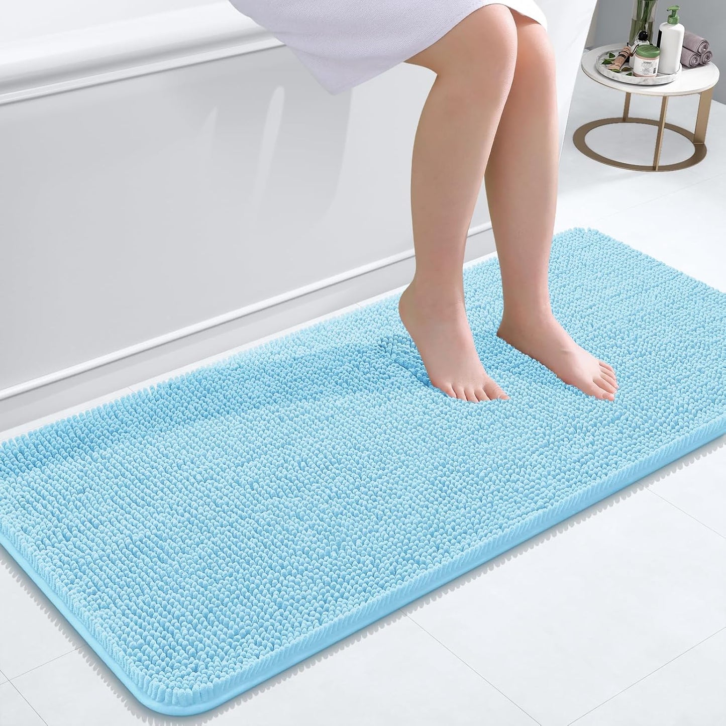 OLANLY Bathroom Runner Rugs - Soft Absorbent Chenille with Rubber Backing | Quick Dry, Machine Washable, 47x20, Sky Blue