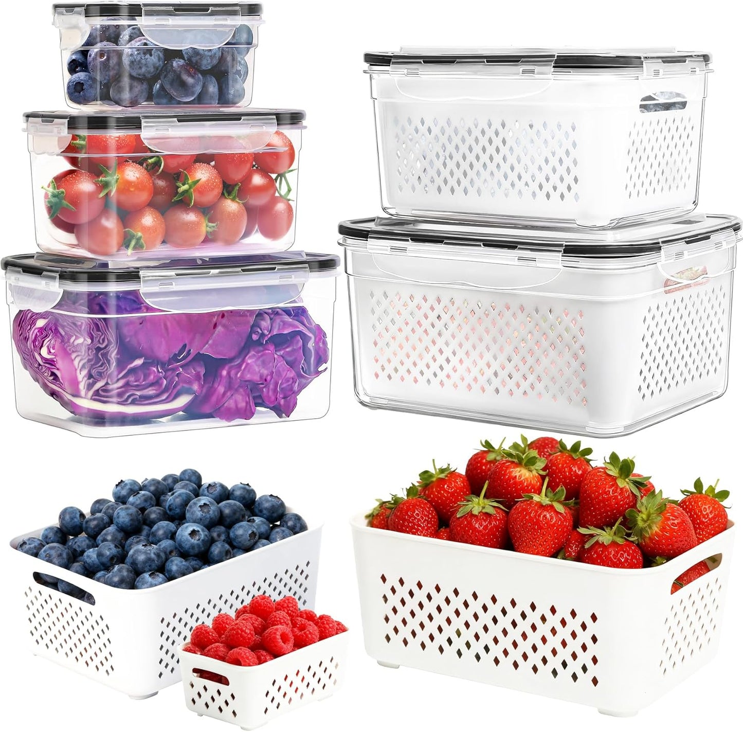 PRAKI 5-Pack Large Fruit Storage Containers - BPA-Free Fridge Organizers with Removable Colander