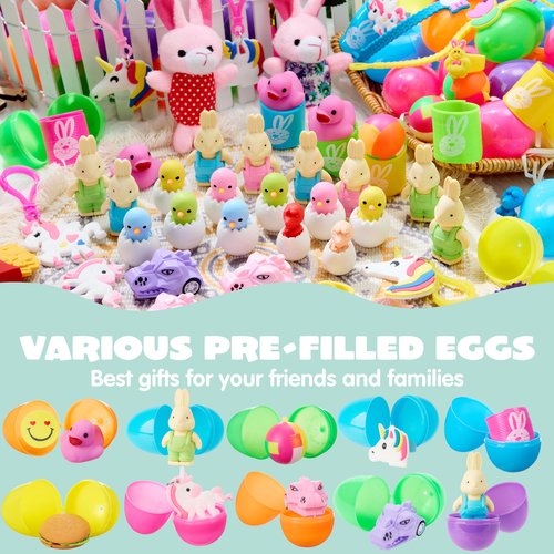 JOYIN 100 Pcs Prefilled Easter Eggs with Toys Plus Stickers, Filled with Toys Party Favors for Kids Boys Girls Easter Eggs Hunt, Basket Stuffers Fillers, Classroom Prize Supplies