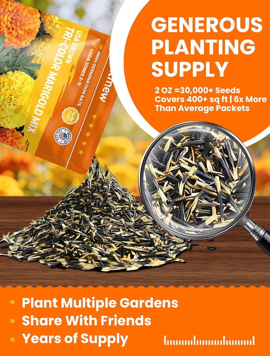Tri-Color Marigold Seeds - 60,000+ Non-GMO Heirloom Flower Seeds for Quick Blooming Outdoors