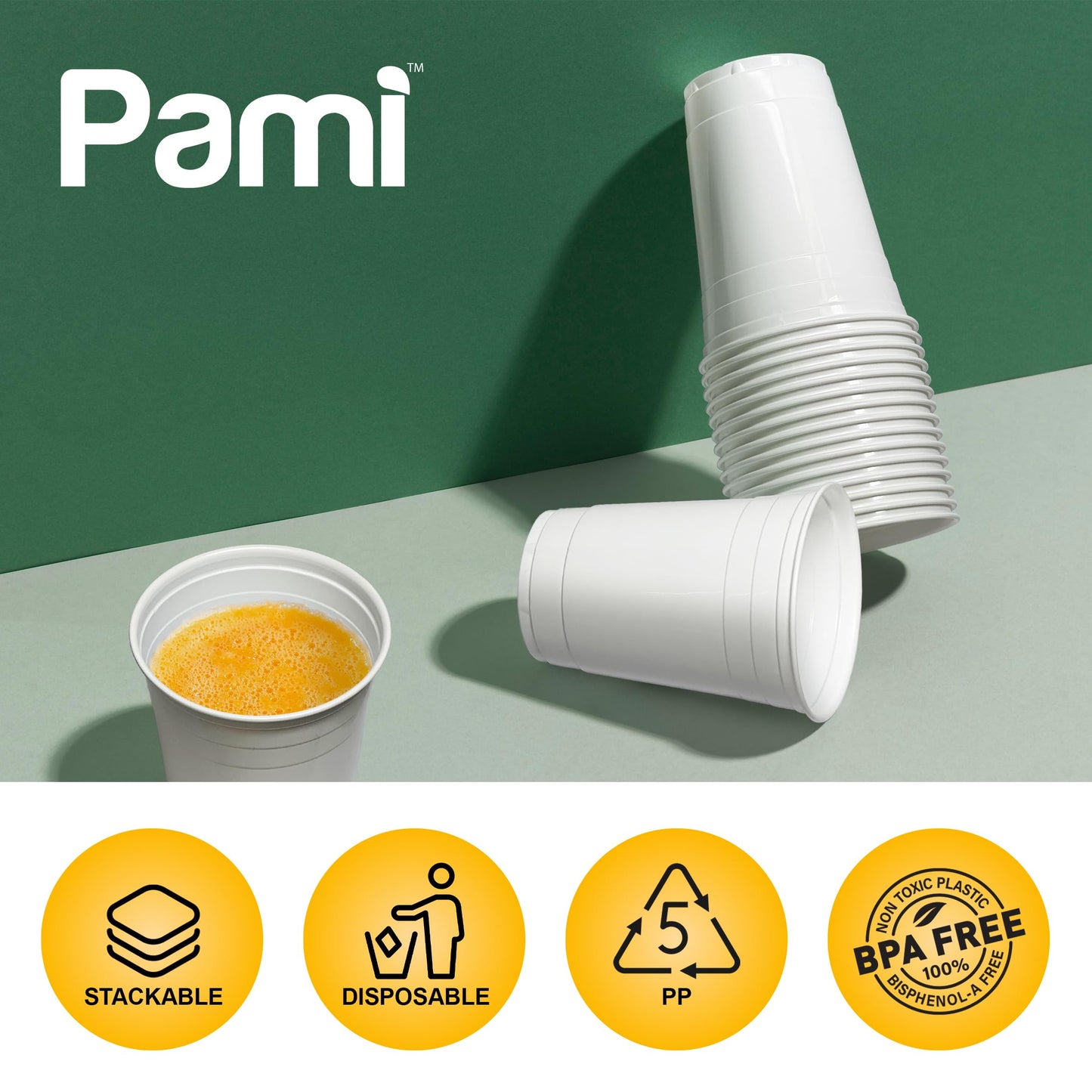 PAMI White Plastic Party Cups [Pack of 50] - 16oz Disposable Drinking Glasses- For Iced Tea, Smoothies, Punch, Beer, Cocktails - Beerpong Cups