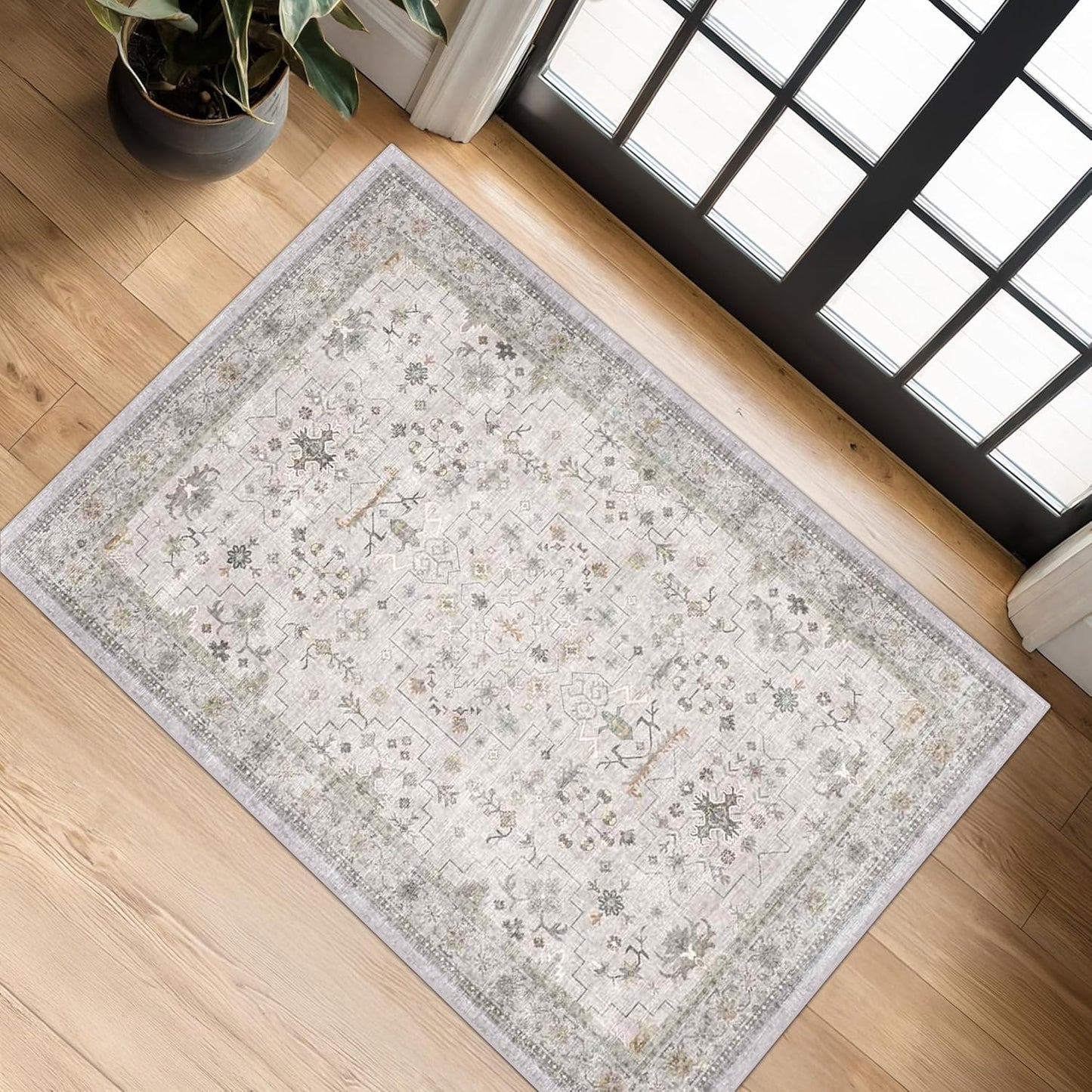 Regine Switzerland Washable 2x3 Throw Rug - Non-Slip Entryway Mat in Neutral Light Grey with Floral Accent