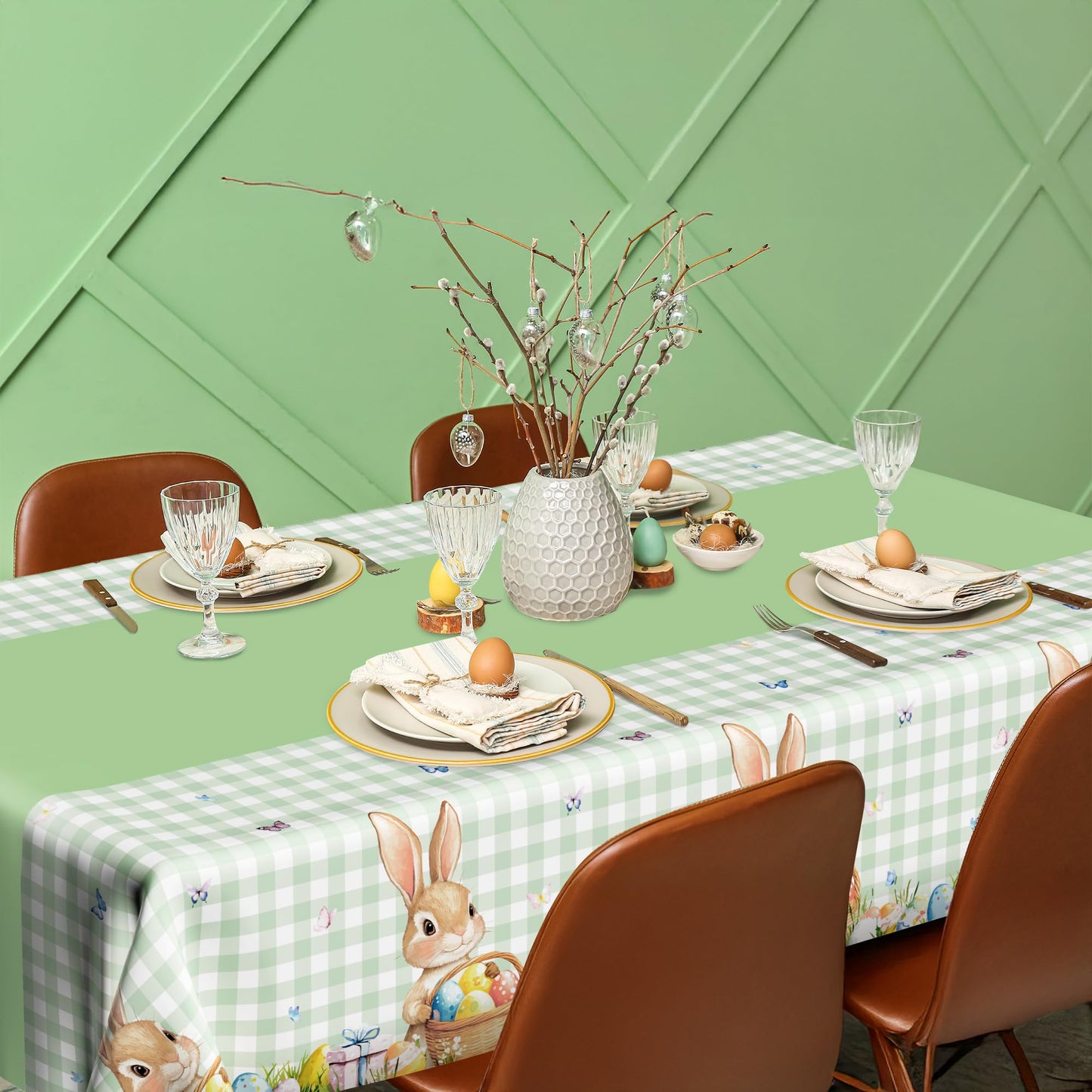 QZYL 3 Pack Easter Tablecloths, 54" x 108" Disposable Easter Decorations, Sage Green Bunny Plaid Spring Tablecloth, Rectangle Plastic Easter Table Cloth with Easter Party Decorations Supplies Favors