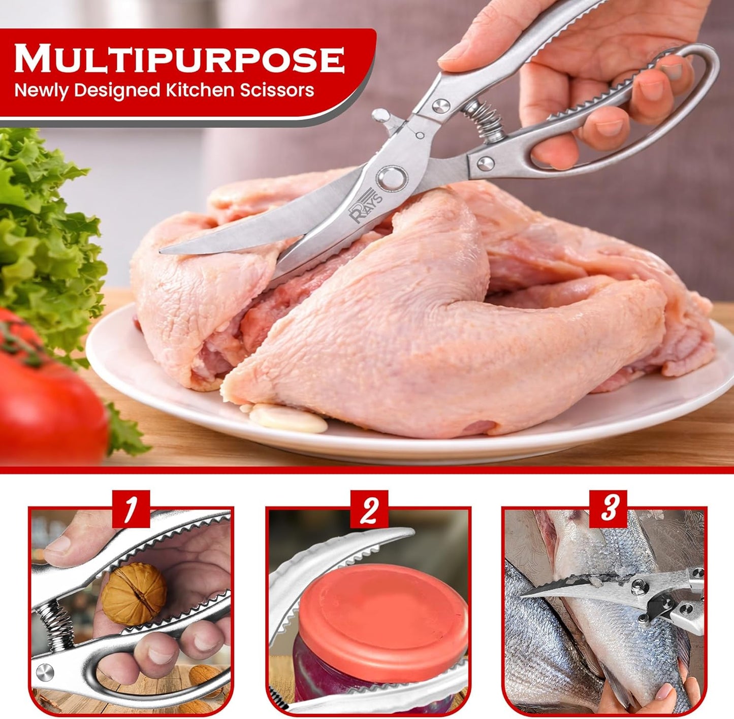 Regine Switzerland Heavy Duty Poultry Shears - Non-Slip Kitchen Shears for Chicken, Turkey & Fish | Dishwasher Safe with Safety Lock