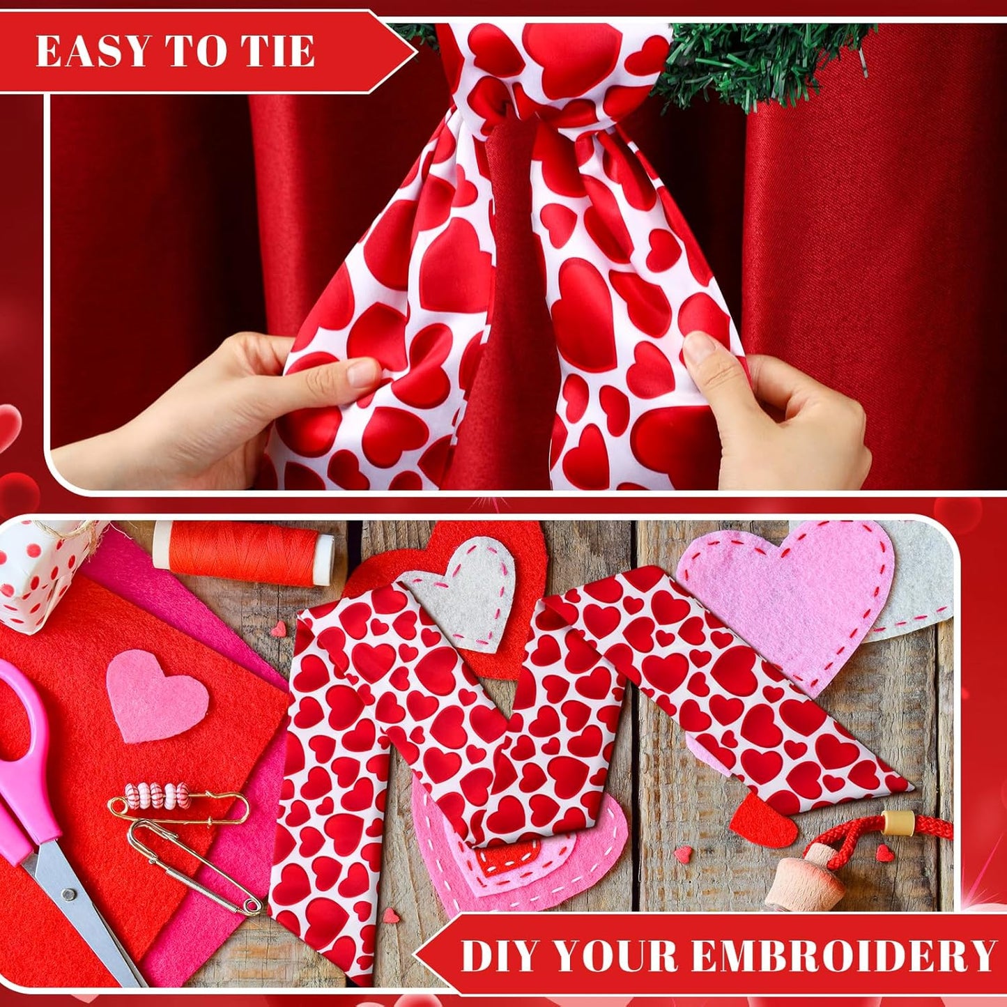 VitalCozy Wreath Sash Set - 2 Pcs Pink Heart Ribbon for Front Door & Indoor Decor | 4.5" W x 56" L