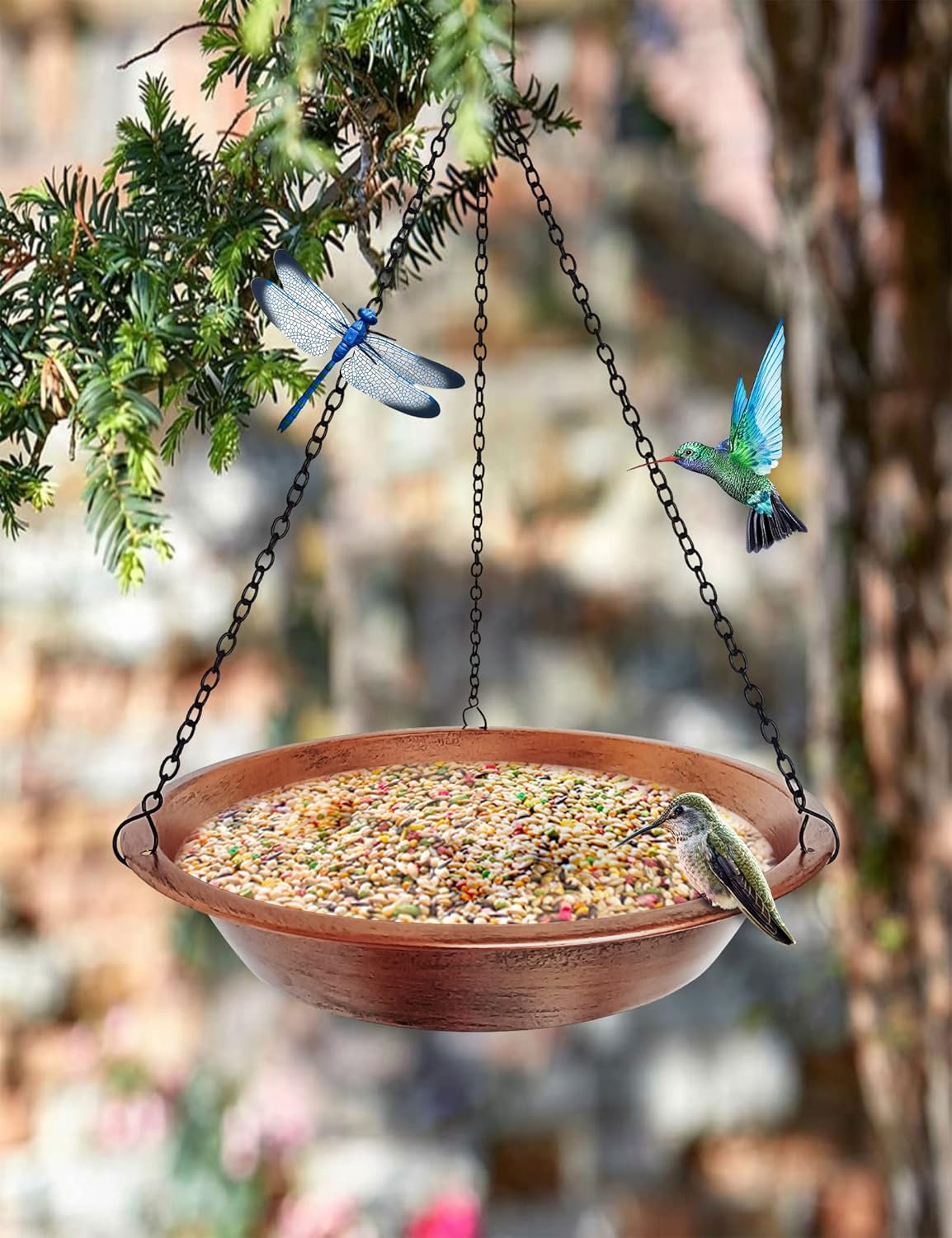 Skiennix Hanging Bird Bath - Antique Copper Metal Feeder with 17” Rust-Proof Chains for Garden Decor