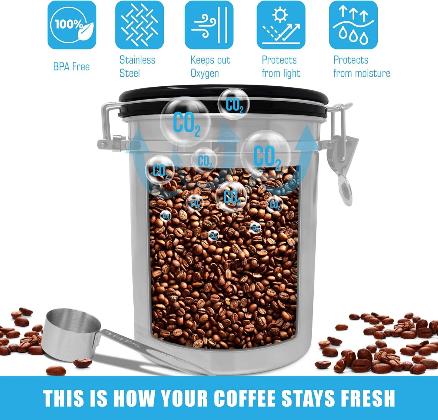 Zulay Airtight Coffee Canister - Stainless Steel Storage with Scoop, Date Tracker & CO2 Valve | Large Size