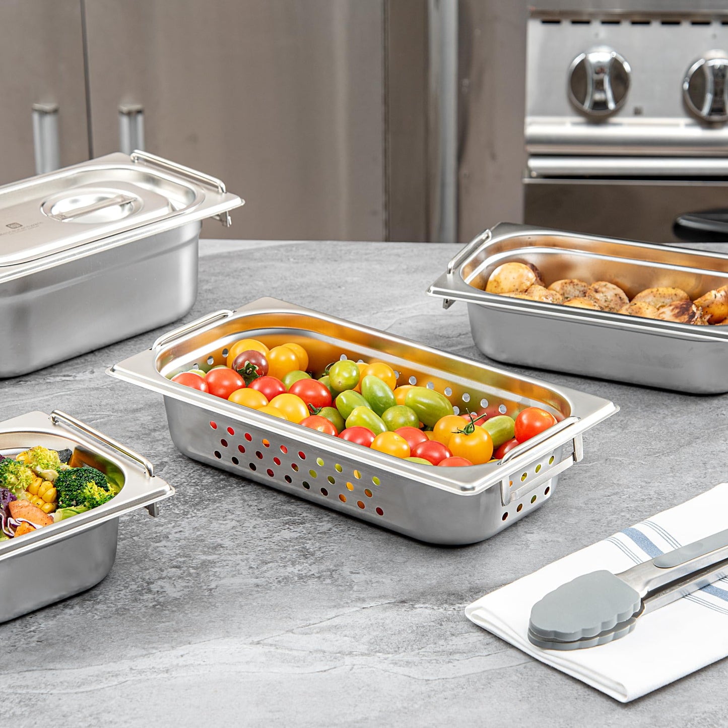 Restaurantware One Third (1/3rd) Perforated Steam Table Pan - 2.5" Deep - Collapsible Handles - Anti Jam - Commercial Grade Stainless Steel - 1ct Box - Met Lux