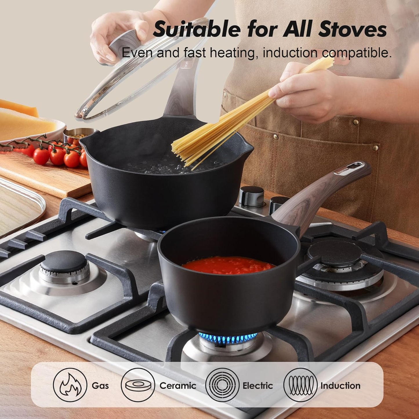 SENSARTE Nonstick Sauce Pan - 2.5 Quart Multipurpose Cooking Pot with Lid & Double Spout | PFOA Free
