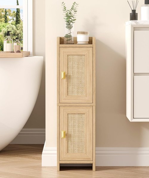 Akxomel Rattan Bathroom Cabinet - 2-Door Narrow Toilet Paper Storage Organizer | 7.9''D x 7.9''W, Natural Oak