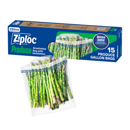 Ziploc Food Storage Produce Bags, Seal Top to Keep and Control Moisture, 15 Bags Total