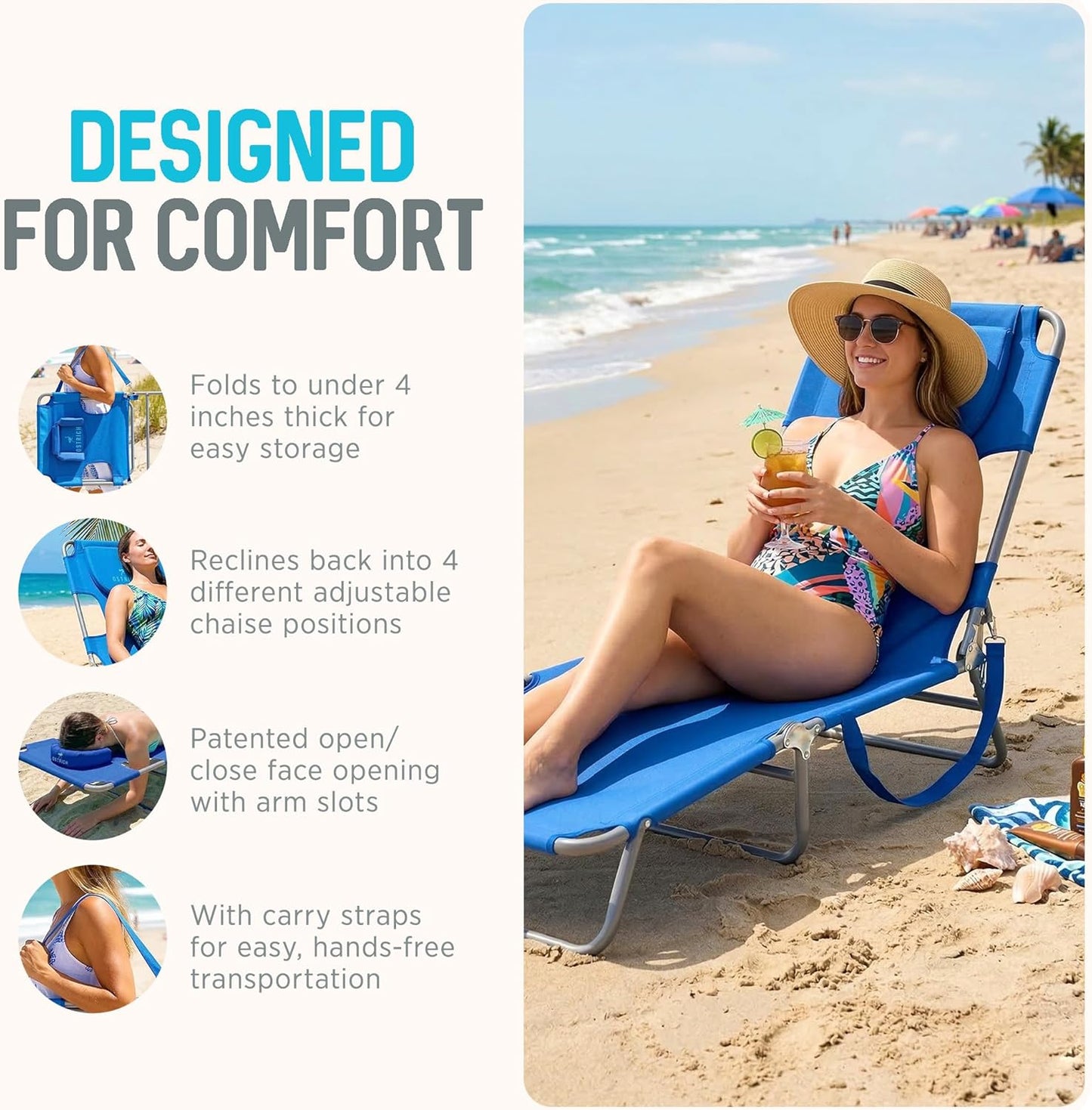 Ostrich Original Chaise Lounge - 72 x 22 Inch Portable Reclining Chair for Beach, Patio & Pool - Ocean Blue