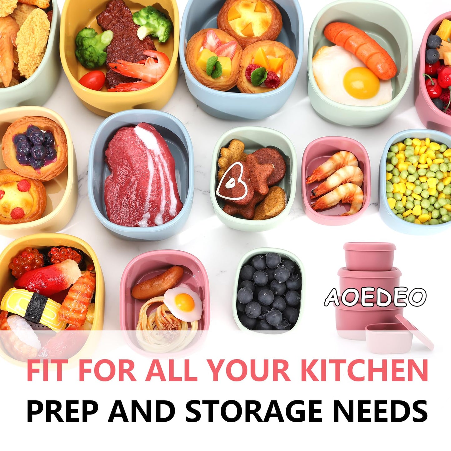AOEDEO 4Pcs Silicone Food Storage Containers with Lids，BPA Free Reusable Silicone Storage Containers for Food Freezer Containers Freezer Dishwasher Safe (33.8oz, 20oz, 10oz, 6.7oz) (pink)