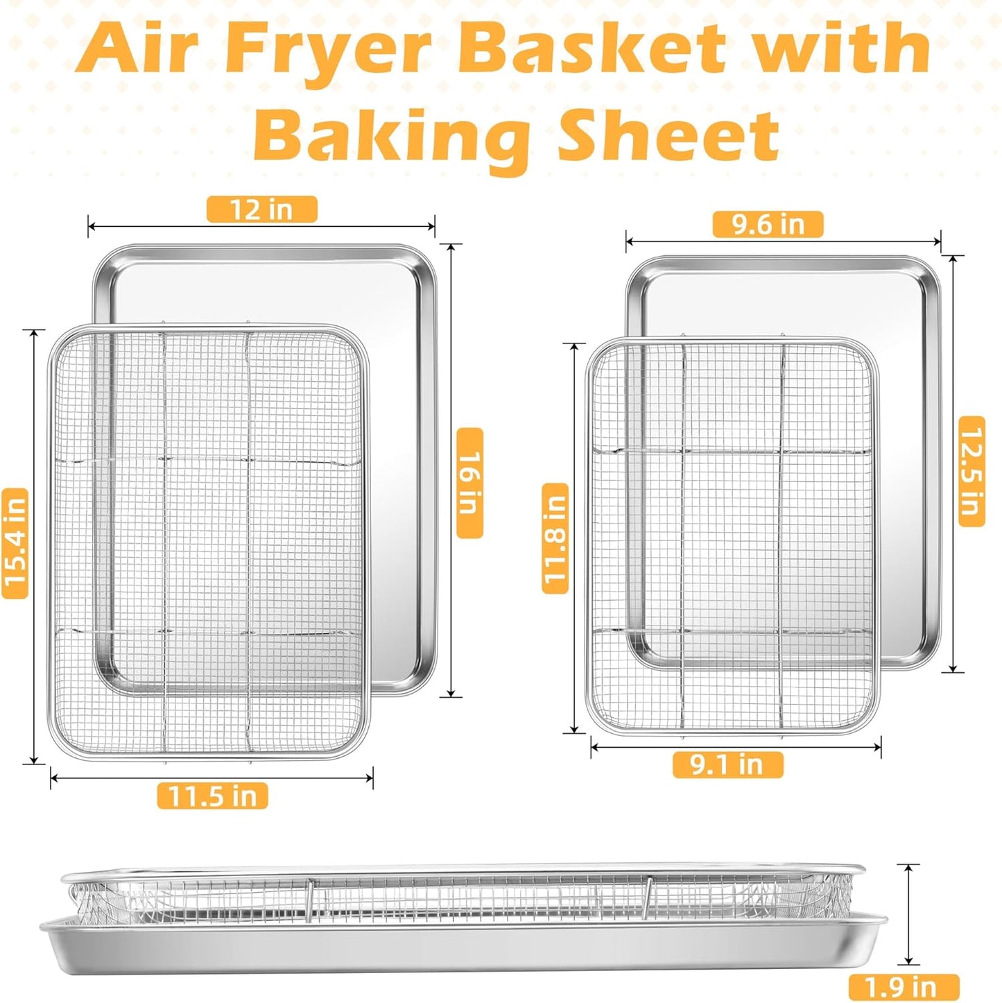 TeamFar Air Fryer Basket Set - Stainless Steel Oven Racks with Baking Pan | 16”x12” & 12.5”x9.6”