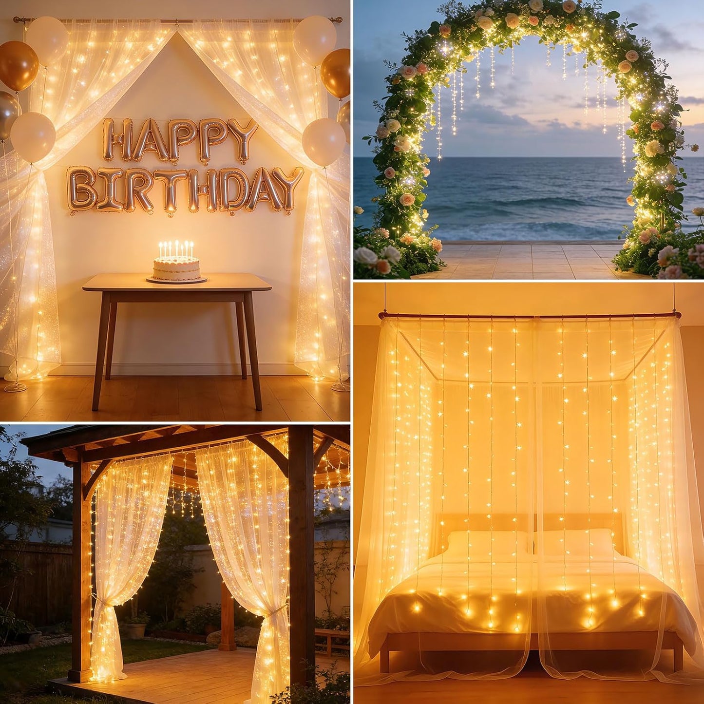 Skiennix 300 LED Fairy Curtain Lights - Dimmable Twinkle Lights with Remote & Timer | 9.8ft x 9.8ft, Warm White