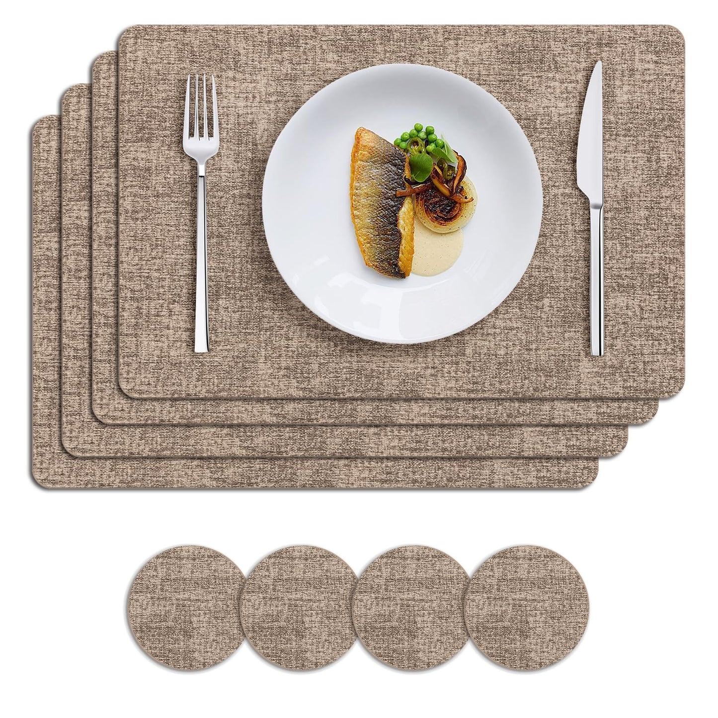 MOSAYT Faux Leather Placemats Set of 12, Heat Resistant Vinyl Place Mats with Coasters, Wipeable Washable 100% Waterproof Oil Proof Table Mat for Kitchen Dining Party Indoor Outdoor, 12" x 17", Khaki