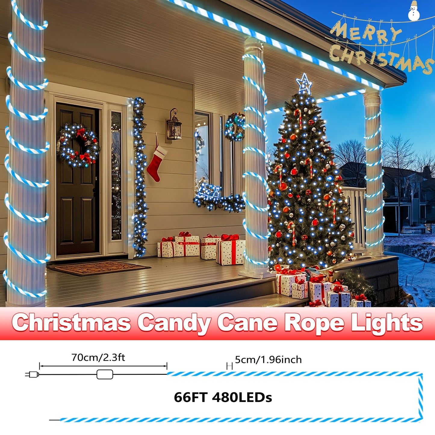 Jnaurb Christmas Candy Cane Lights, 66ft 480 LED Connectable Flexible White & Blue Candy Cane Rope Lights for Outside, 8 Modes Waterproof LED Christmas Light for Garden Patio Tree Holiday Party Decor