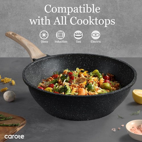 CAROTE Non-Stick Wok - 12'' Granite Stir-Fry Pan with Lid | 5.3QT Induction Cookware