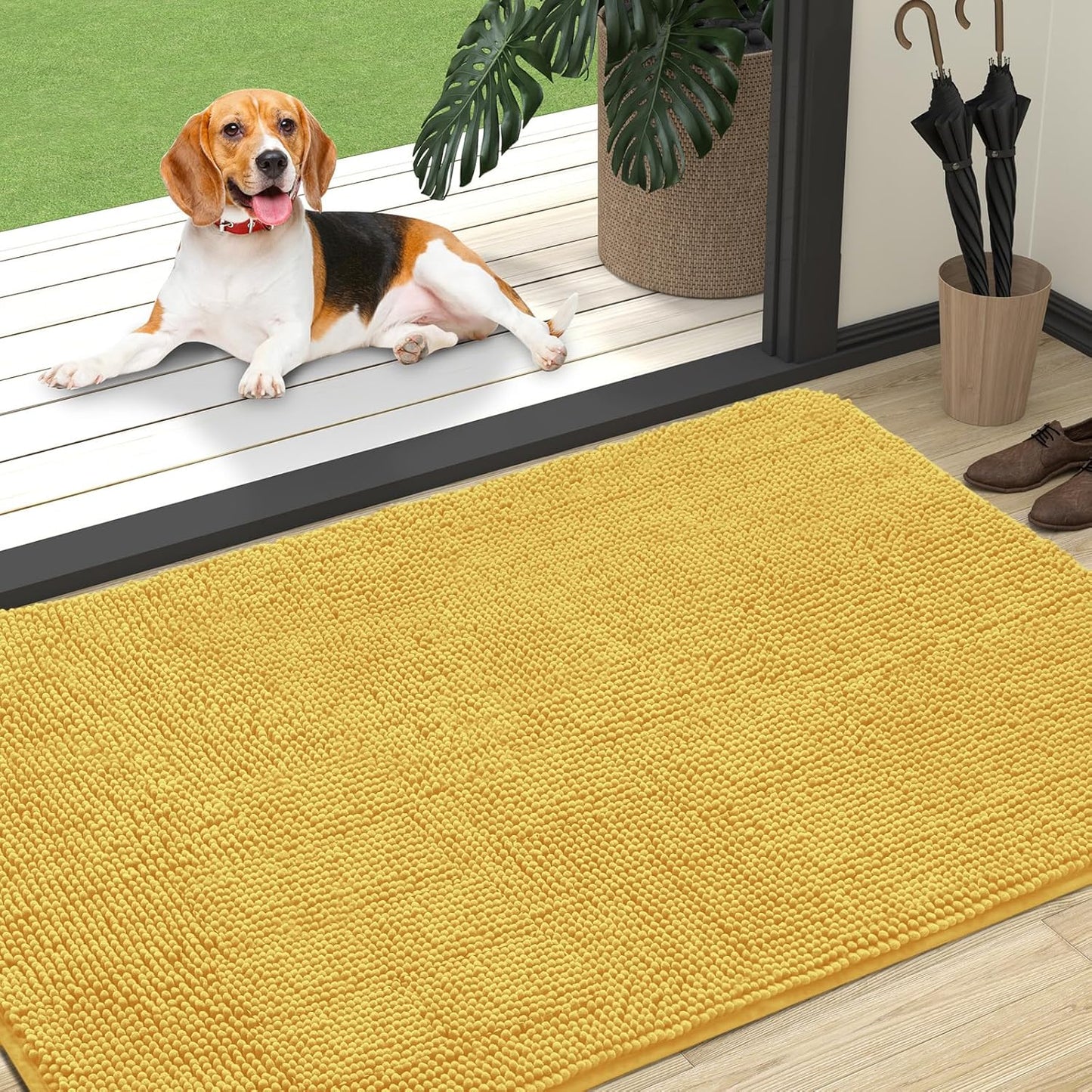 OLANLY Dog Door Mat - Absorbent Non-Slip Washable Chenille Mat for Muddy Paws | 47x32 Yellow