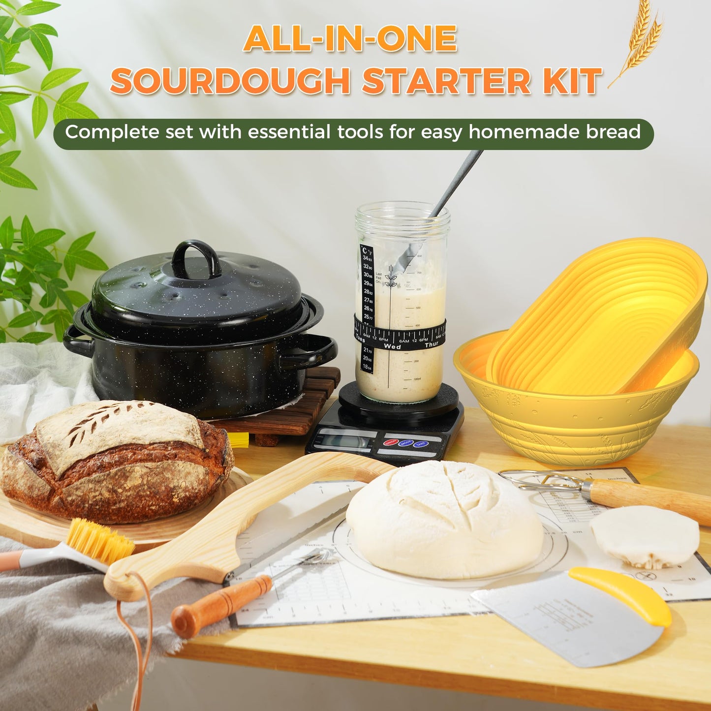 Sourdough Starter Kit for Beginners, 34 oz Starter Jar with Scale Marking, 2 Silicone Proofing Baskets, Complete Bread Baking Kit with Guide & Recipes, Easy to Use & Clean - Yellow