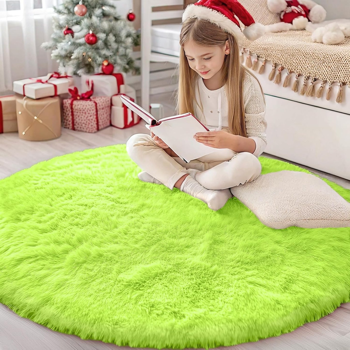 OLANLY Round Lime Green Area Rug - Soft, Fluffy, Machine Washable 4 ft Circle Carpet for Bedroom & Living Room