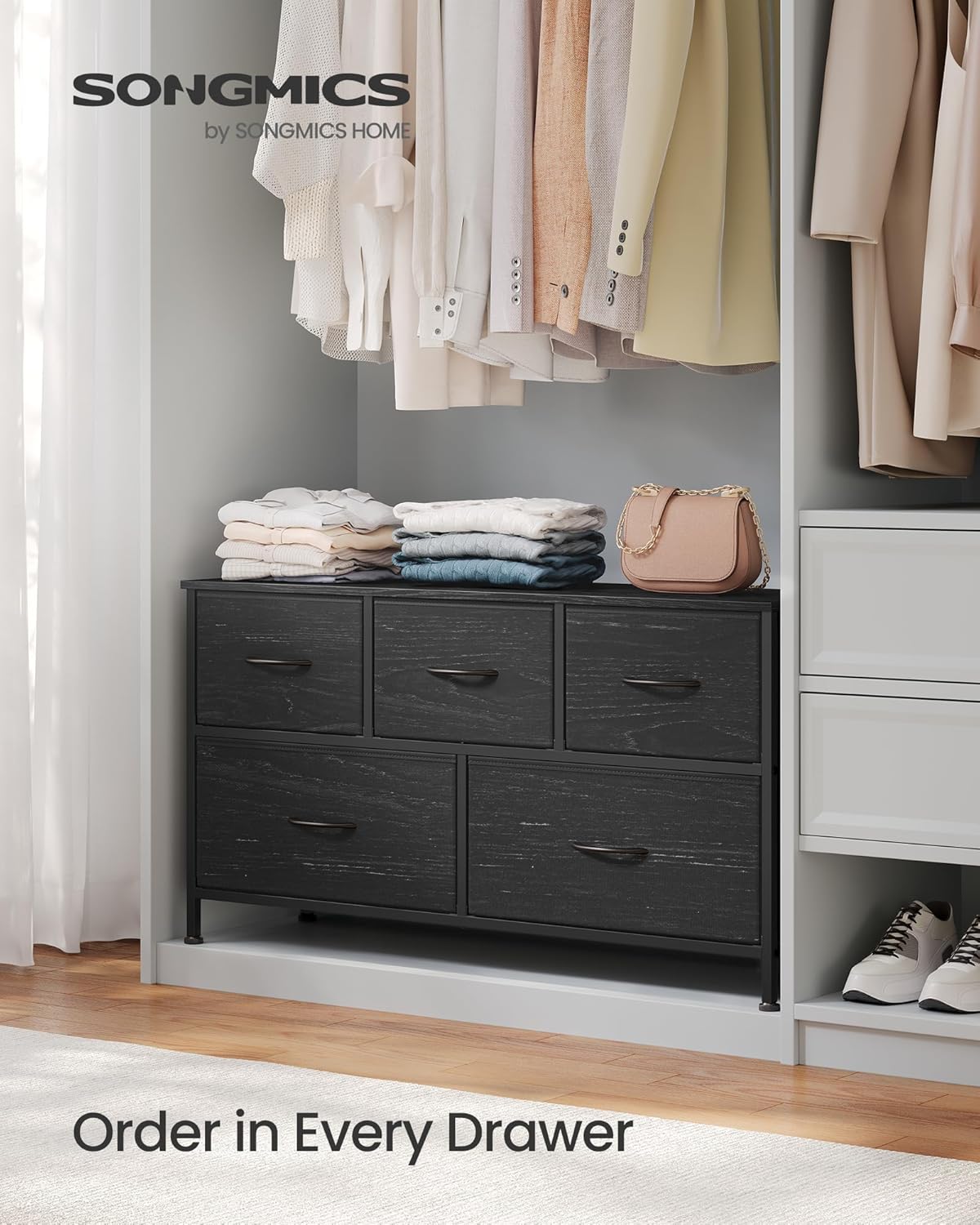 SONGMICS Dresser - Modern 5-Drawer Chest of Drawers for Bedroom Storage | Ebony Black Finish
