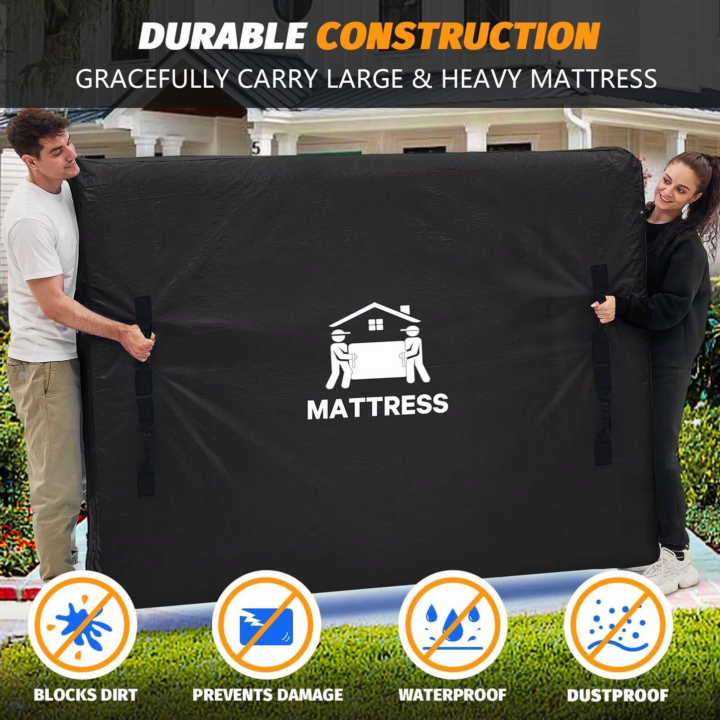 Mattress Bags for Moving, BETU Mattress Protector Waterproof Mattress Cover Queen Size Storage Bags with 8 Heavy-Duty Handles and Zipper for Bed Extra Thick Large Reusable (82"x62"x15" Black)