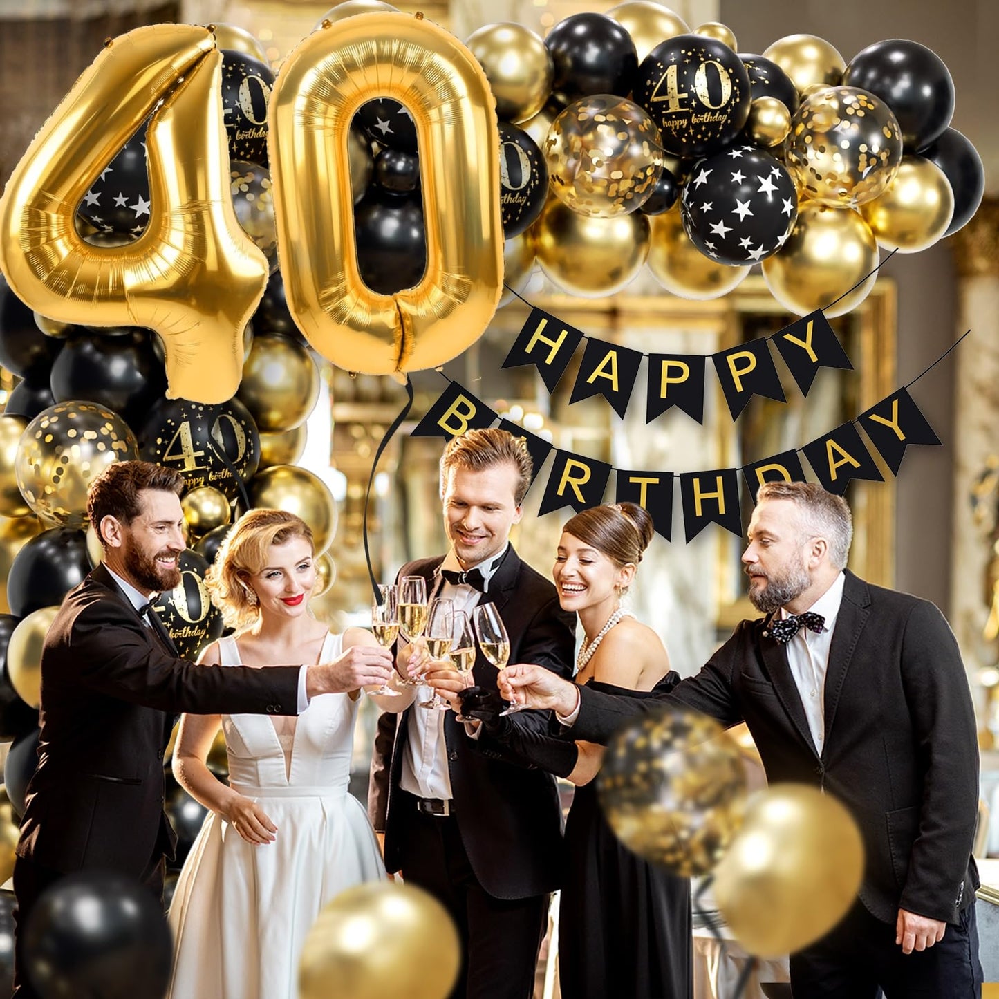 115pcs 40th Birthday Balloon Arch with Black Gold Balloon Garland happy Birthday Banner 40th Foil Balloon for 40th Birthday Decorations for Men or Women Anniversary Decorations
