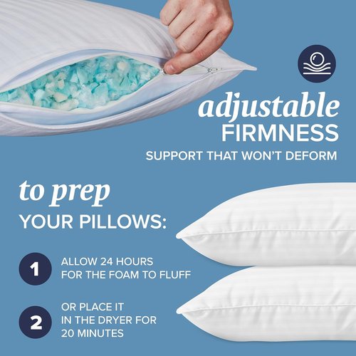 Beckham Hotel Collection King Size Memory Foam Bed Pillows - Adjustable Cooling Shredded Foam (Set of 2)