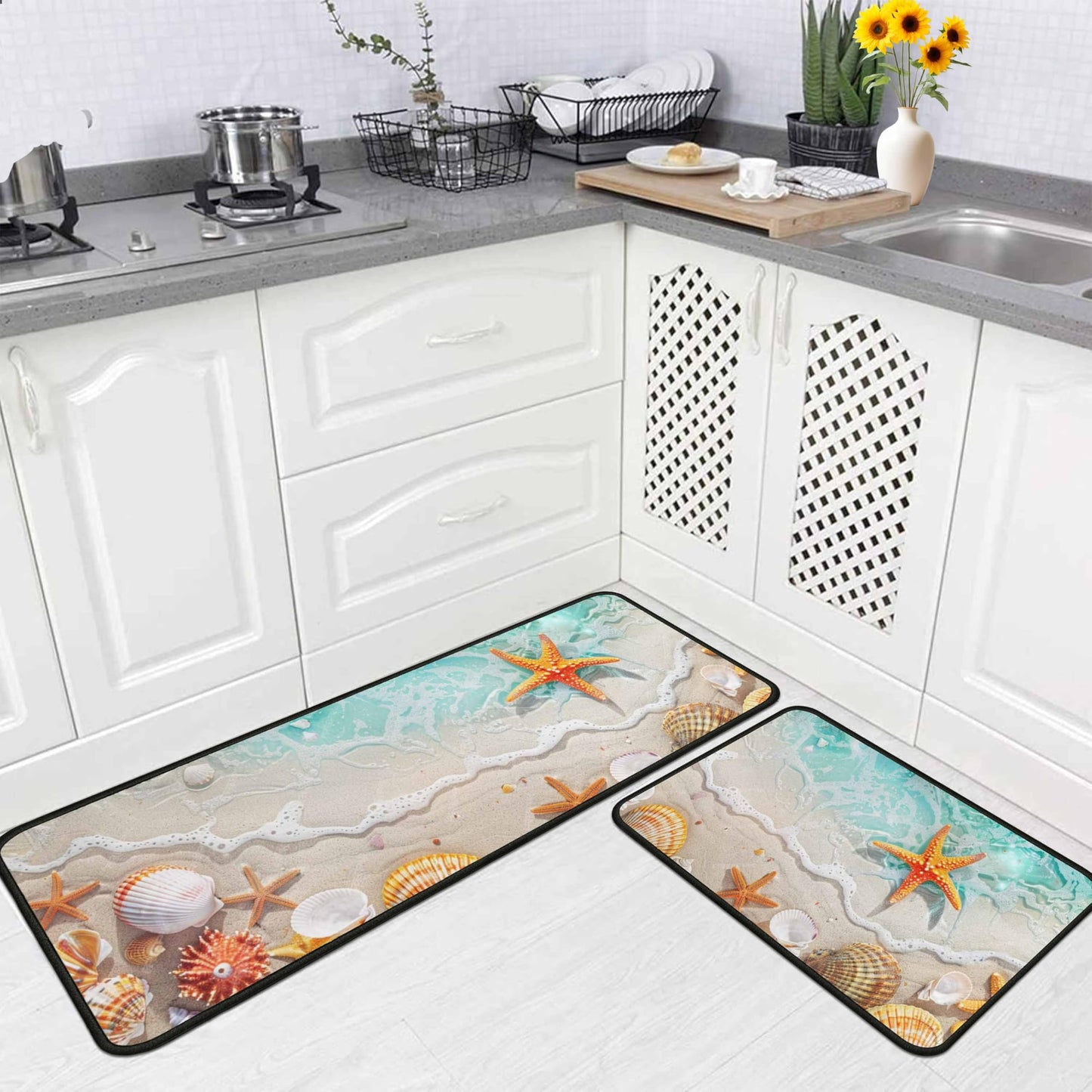 Lumiprinta Ocean Theme Tropical Beach Seashell Starfish Decorative Kitchen Rugs and Mats Set of 2, Low-Profile Floor Mats Decorations for Home Kitchen 17"x47"+17"x30"