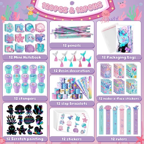 BenLouis 120Pcs Mermaid Party Favors Little Mermaid Pencils Stickers School Stationery Bulk for Kids Sea Birthday Decor Baby Shower Candy Goodie Bag Stuffer Classroom Rewards Pinata Supplies