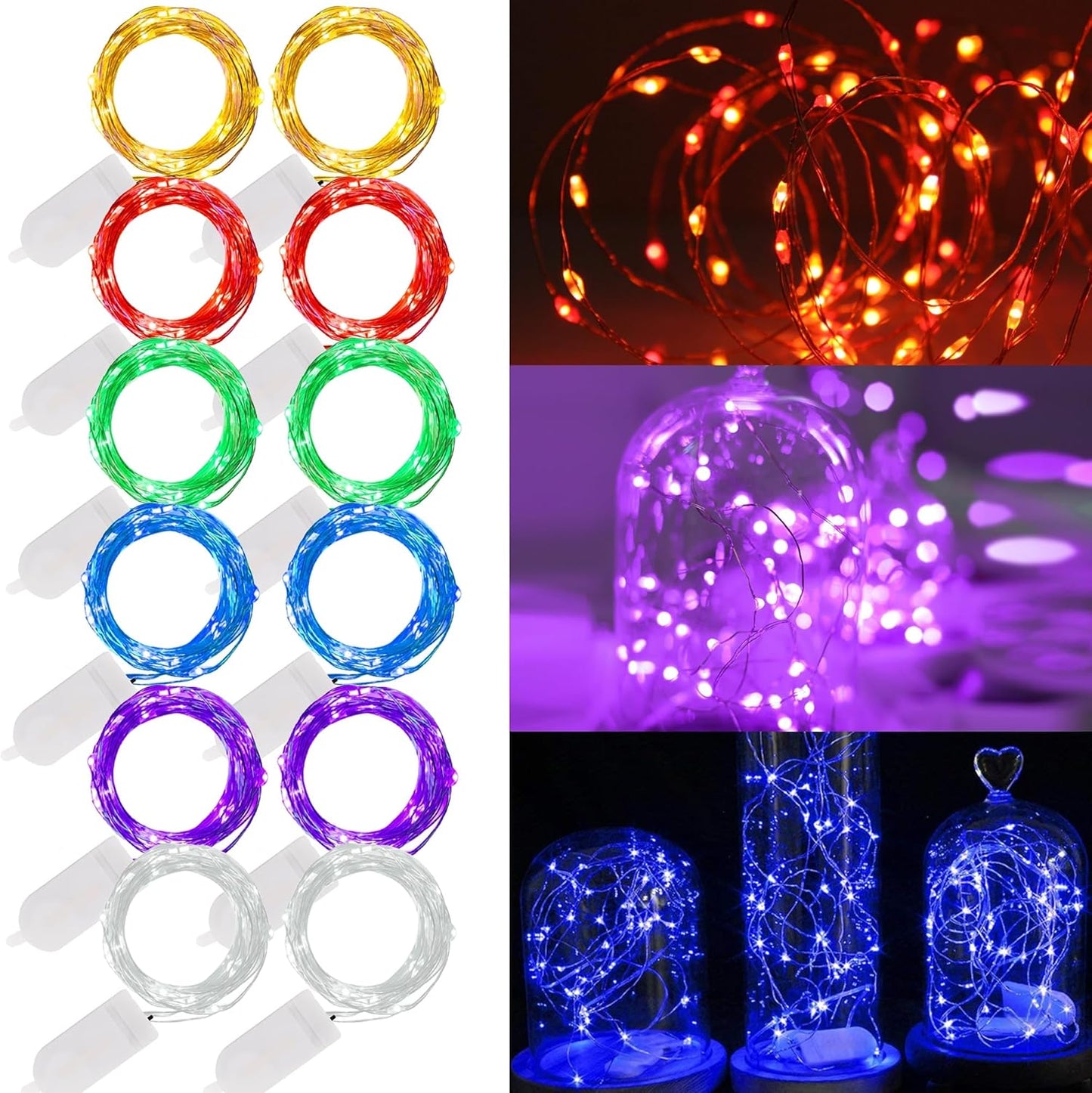 Waterglide 12 Pack Mini String Lights - 20 LED Battery Operated Fairy Lights | 7 ft Waterproof Silver Wire for DIY Decor