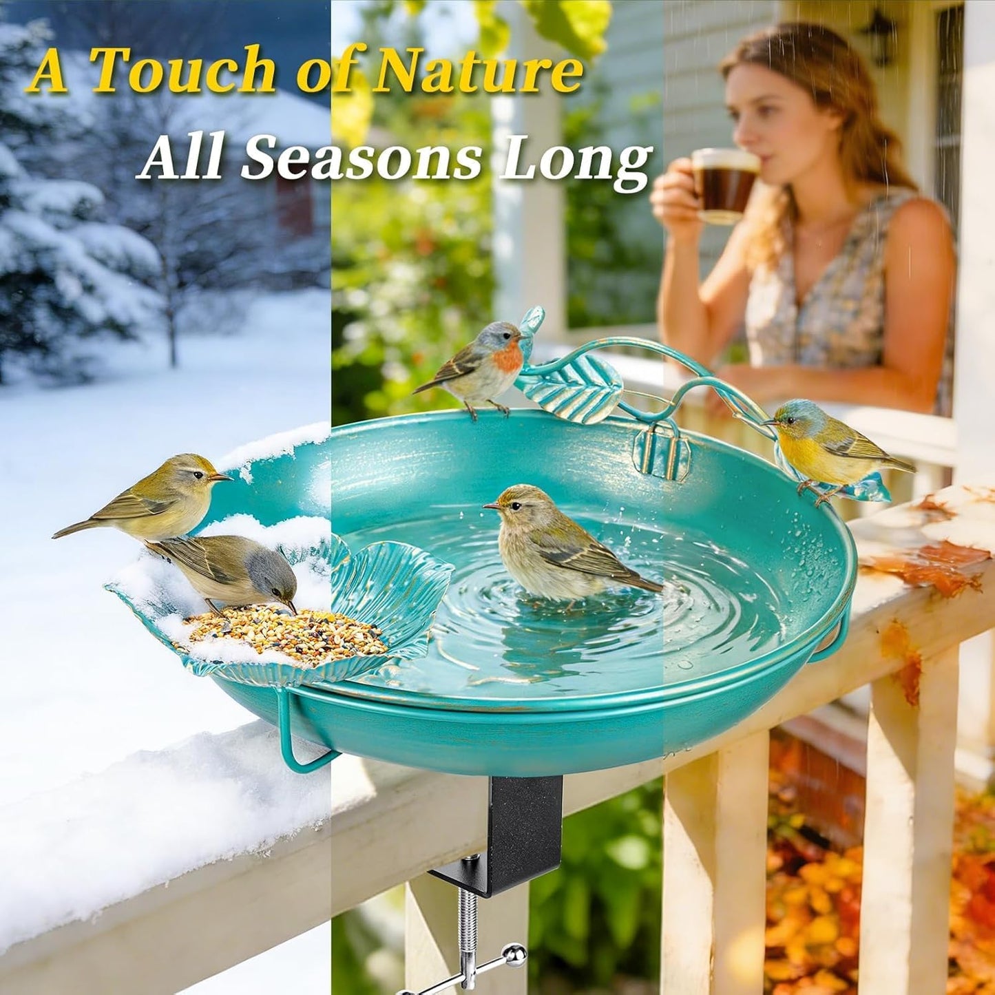Mellbree Bird Bath - Deck Mounted 12" Metal Birdbath with Perch & Feeder Bowl | Lake Blue & Gold Gilding