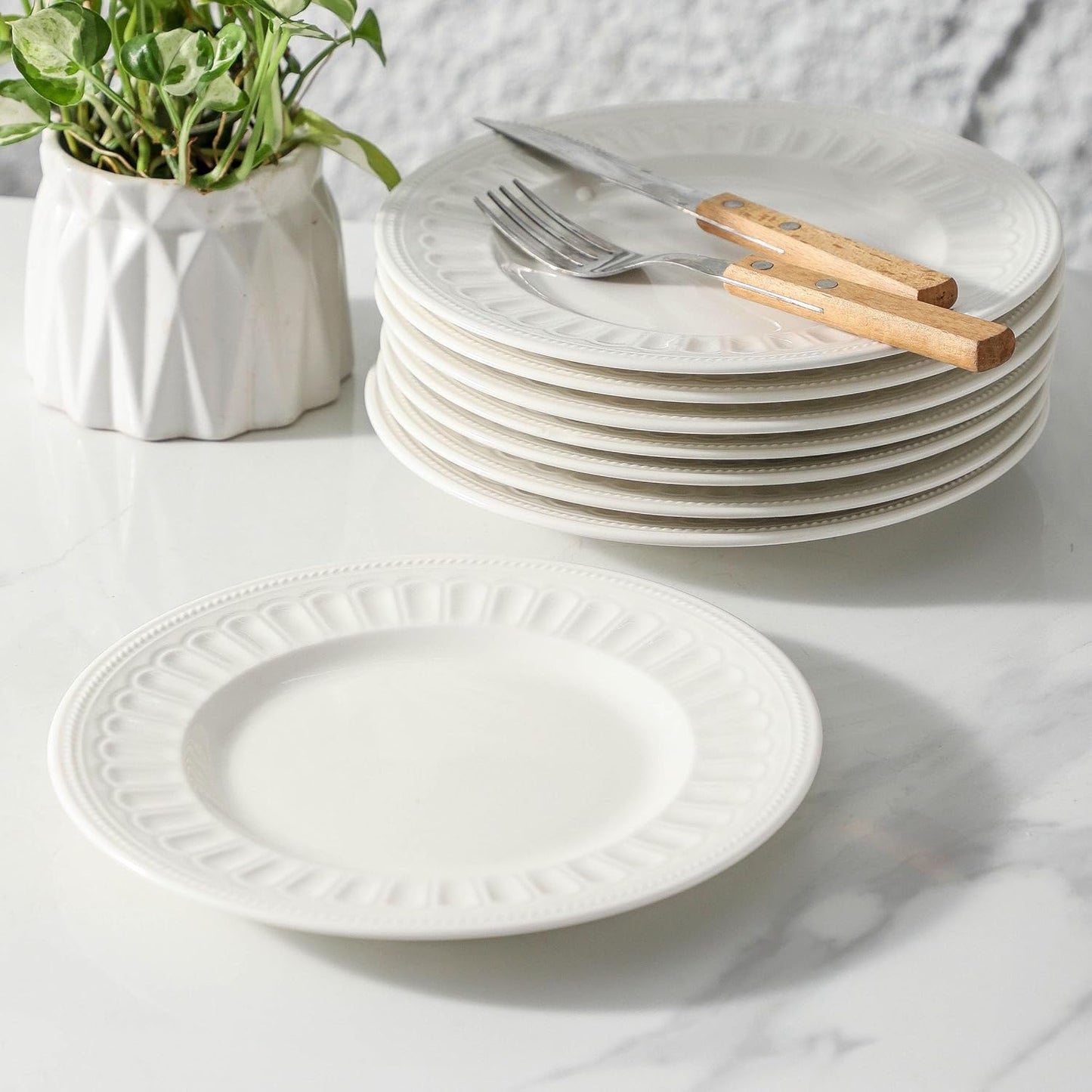 Neaylfe 8-Inch Ceramic Dessert Plates - Embossed Porcelain for Appetizers & Salads | Dishwasher & Microwave Safe