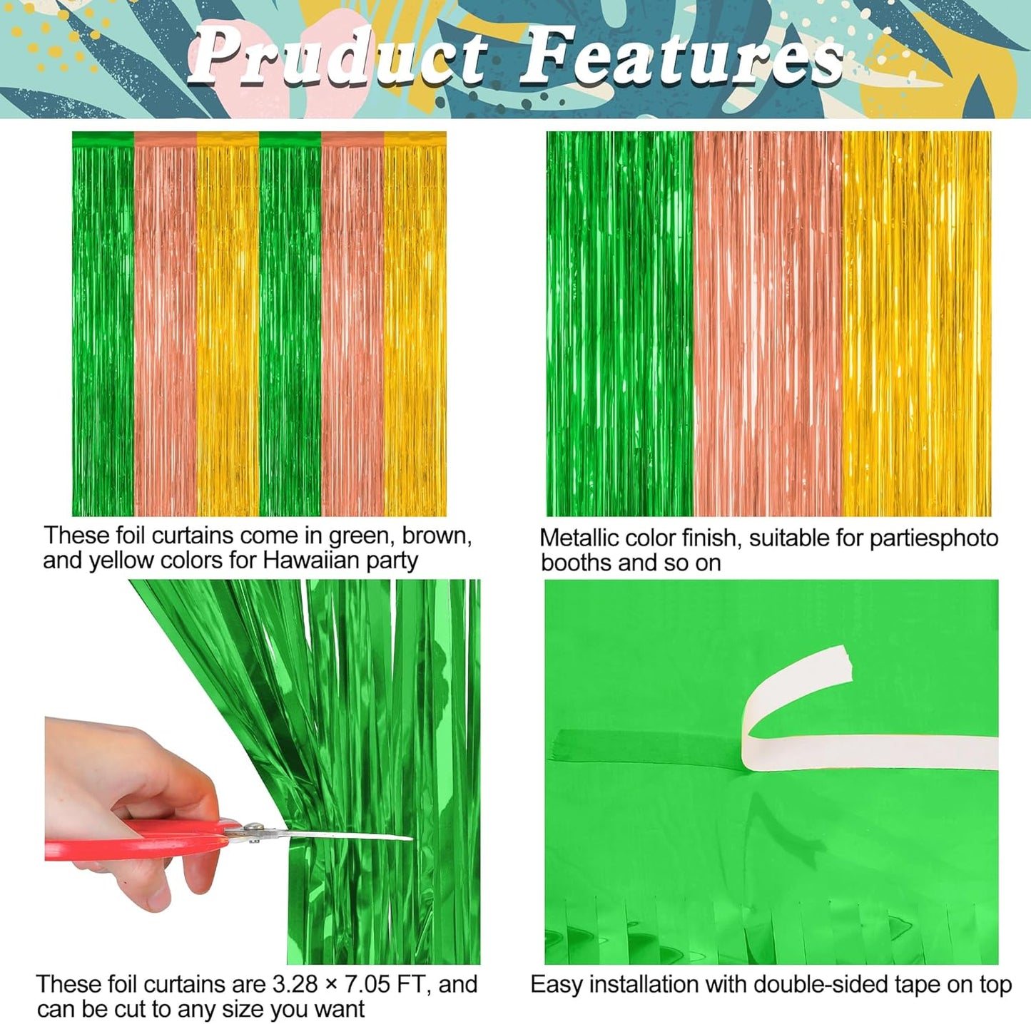 Luau Decorations by [Brand Name] - 2 Pack Summer Party Streamers | 3.28 FT x 7.05 FT Metallic Tinsel Backdrop