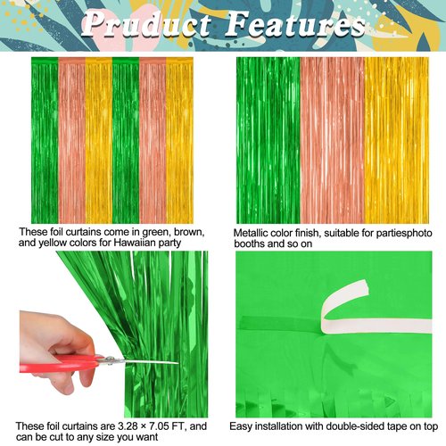 8 Pack Hawaiian Party Decorations, 3.28 FT x 7.05 FT Luau Party Decorations, Green Brown Yellow Backdrop Fringe Curtains Foil Streamer, Metallic Summer Decor Photo Booth Props