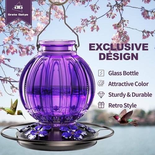 Glass Hummingbird Feeder - 26 Oz Outdoor Nectar Feeder with 5 Flower Ports & Perch | Purple Garden Decor