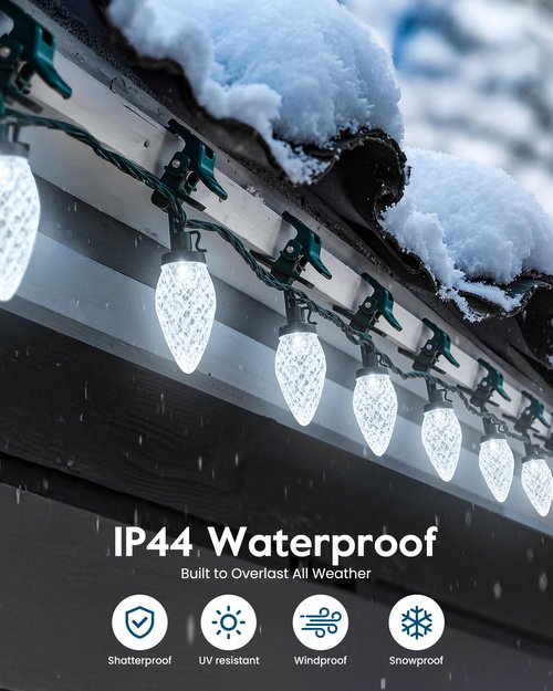 C9 Christmas Lights Outdoor with 100 Spring Clips 65FT 100 LED, C9 String Lights Waterproof Connectable Commercial Grade for Outside House Roof Patio Garden Yard Outdoor Christmas Decorations, White