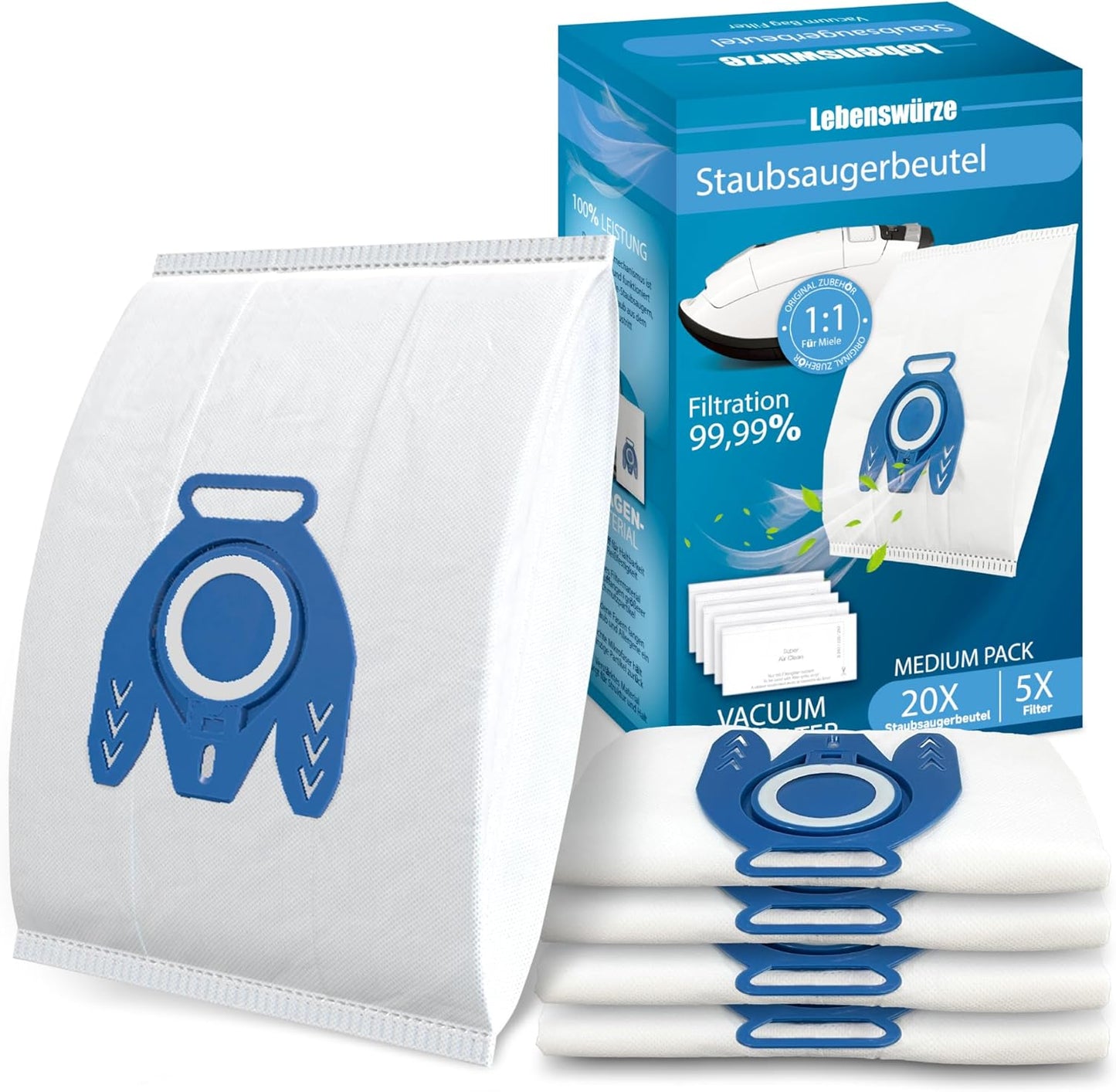Miele 3D Airclean Vacuum Bags - 20 Pack Anti-Allergy Dust Bags with Filters for Classic C1/C2/C3, S2/S5/S8