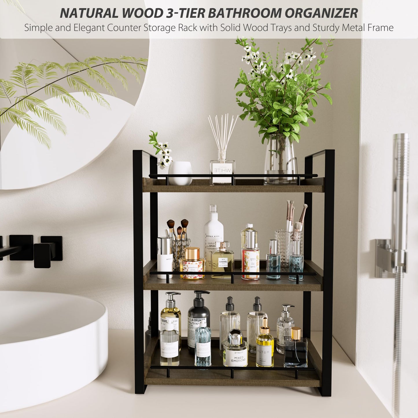 CeleVista Bathroom Counter Organizer, 3 Tier Wood Countertop Shelf for Vanity, Skincare, Makeup, Kitchen Coffee and Sink Storage, with Durable Metal Bracket (Dark Brown)